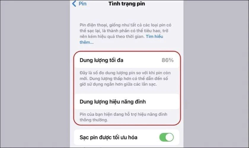 Xem mục Dung lượng tối đa để đánh giá tình trạng pin