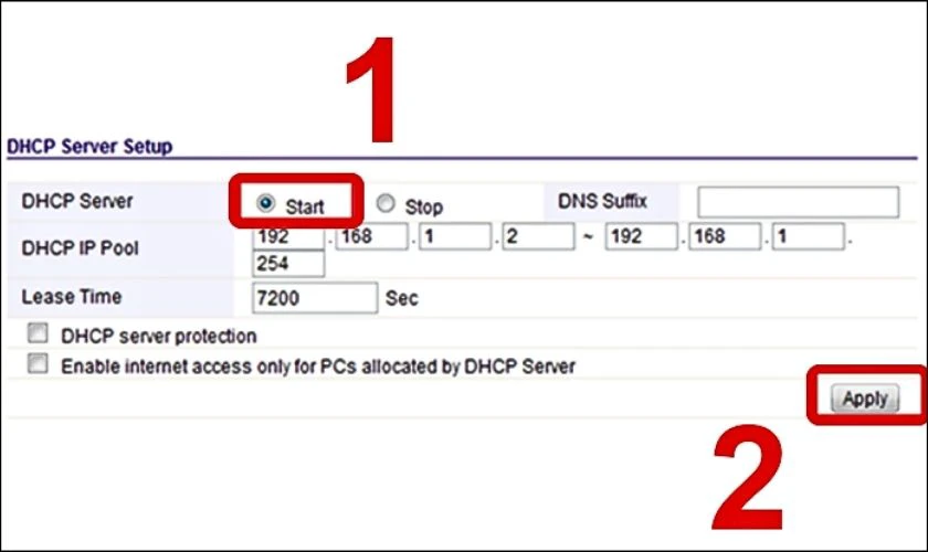 Bạn h&atilde;y khởi động DHCP bằng c&aacute;ch chọn n&uacute;t Start rồi chọn Apply
