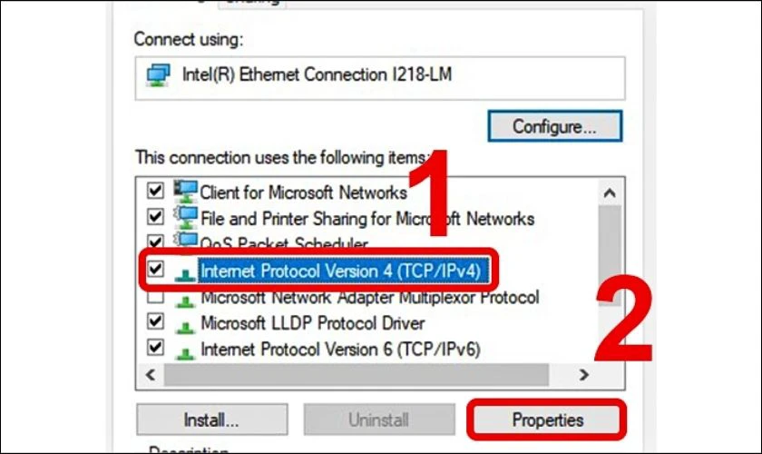 Tại mục Networking, bạn chọn Internet Protocol Version 4 (TCP/IPv4). Bạn tiếp tục chọn v&agrave;o Properties