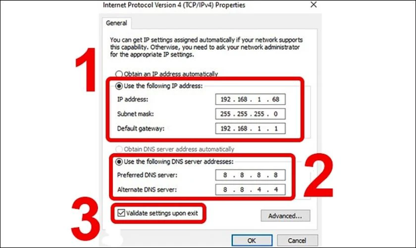 Chọn mục Use the following IP address rồi nhập th&ocirc;ng tin