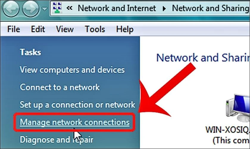 Tr&ecirc;n cửa sổ Network and Sharing Center, bạn chọn Manage network connections