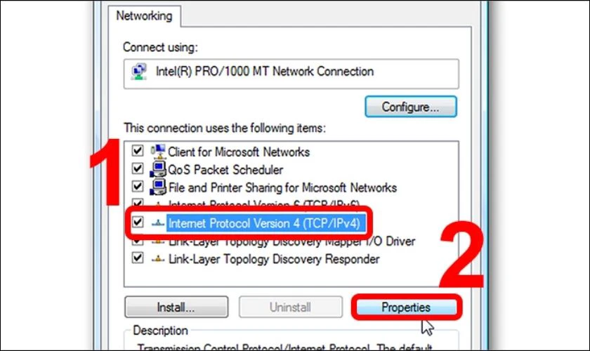 Chọn Internet Protocol Version 4 (TCP/IPv4) v&agrave; tiếp tục Chọn Properties