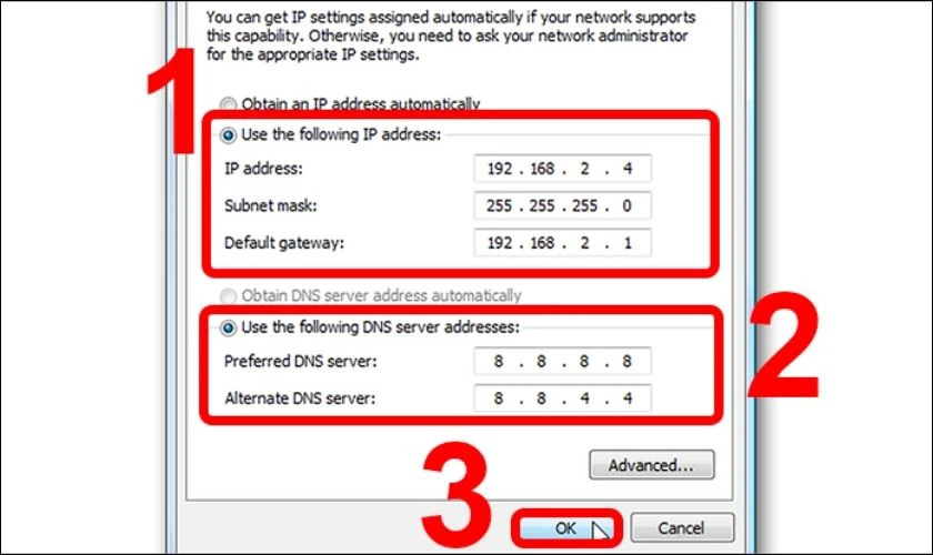 Chọn mục Use the following IP address rồi nhập th&ocirc;ng tin
