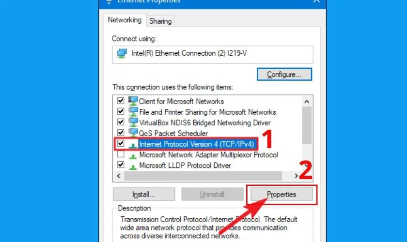 Chọn Internet Protocol Version 4 (TCP/IPv4). Sau đ&oacute; nhấp v&agrave;o Properties