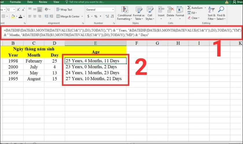 Tính tuổi trong excel với ngày tháng năm sinh ở nhiều ô khác nhau