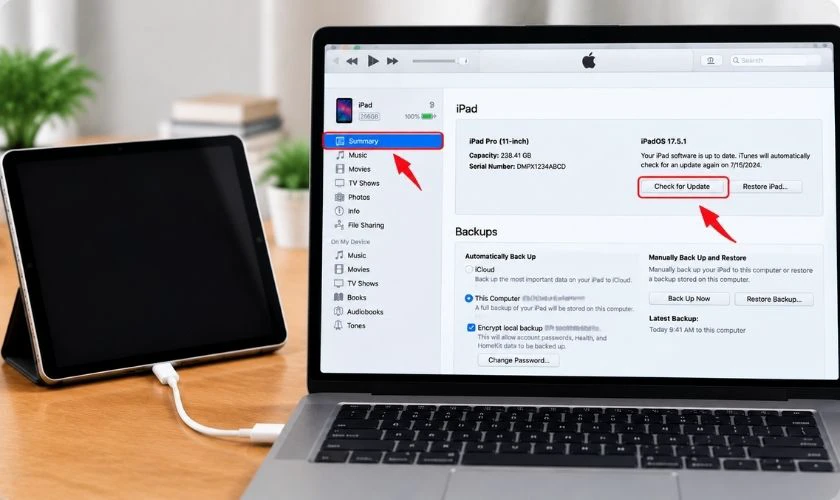 Chọn Summary (Tóm tắt), sau đó nhấn Check for Update (Kiểm tra bản cập nhật)