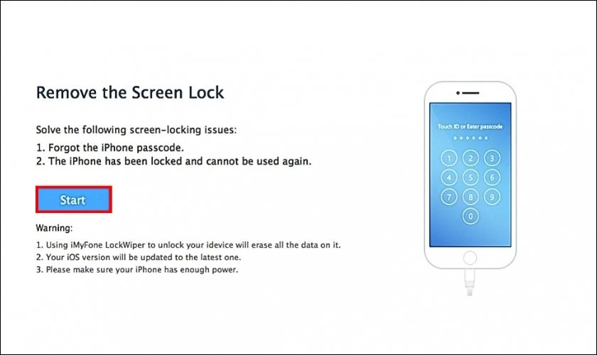 Chọn Start rồi Chuyển iPad sang chế độ Kh&ocirc;i phục theo hướng dẫn