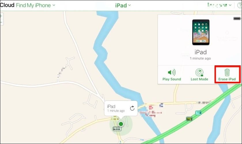 Ở g&oacute;c tr&ecirc;n c&ugrave;ng b&ecirc;n phải của m&agrave;n h&igrave;nh, chọn v&agrave;o iPad bạn muốn đặt lại. Nhấn v&agrave;o Erase iPad
