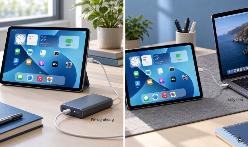 Sạc bằng pin dự phòng hoặc cổng USB máy tính