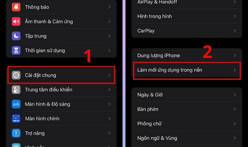 Chọn Cài đặt chung và nhấn Làm mới ứng dụng trong nền