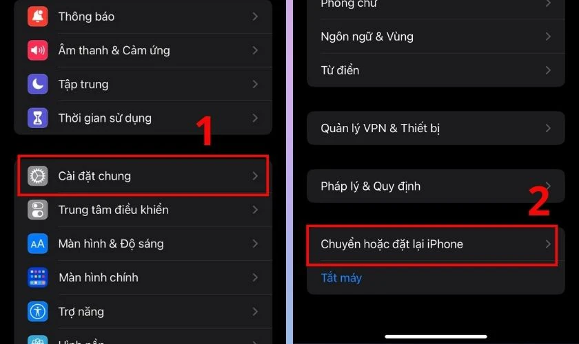 Chọn Cài đặt chung rồi vào mục Chuyển hoặc đặt lại iPhone 11 bị đơ màn hình