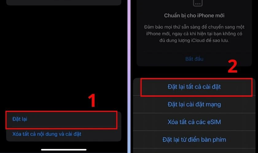 Chọn Đặt lại và nhấn Đặt lại tất cả cài đặt