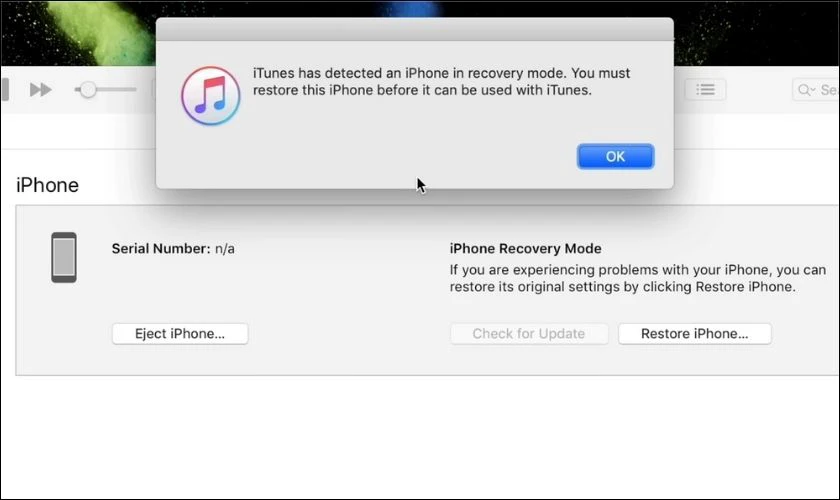 Nhấn giữ đồng thời ph&iacute;m giảm &acirc;m lượng v&agrave; giữ ph&iacute;m nguồn trong 3 gi&acirc;y cho tới khi iTunes th&ocirc;ng b&aacute;o đ&atilde; v&agrave;o DFU Mode