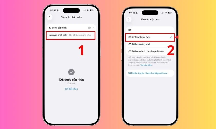 Bước 2: Nhấn vào mục “Bản cập nhật Beta (Beta Updates)”, chọn “iOS 27 Developer Beta”