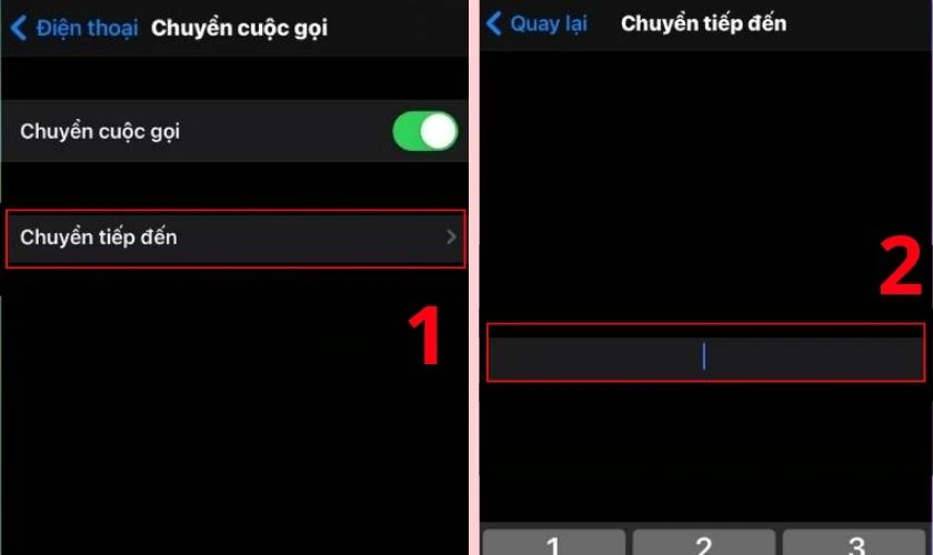 Nhấn v&agrave;o mục Chuyển tiếp đến v&agrave; nhập số điện thoại của SIM 2
