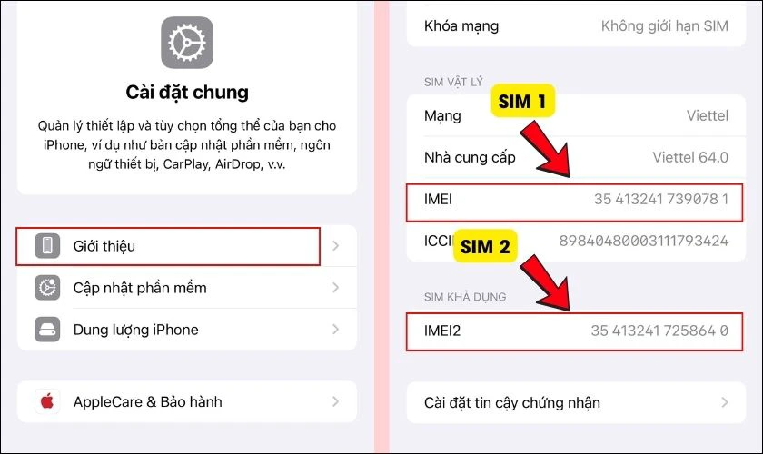 Nhấn v&agrave;o Giới thiệu (About) v&agrave; k&eacute;o xuống v&agrave; t&igrave;m đến c&aacute;c mục sau IMEI