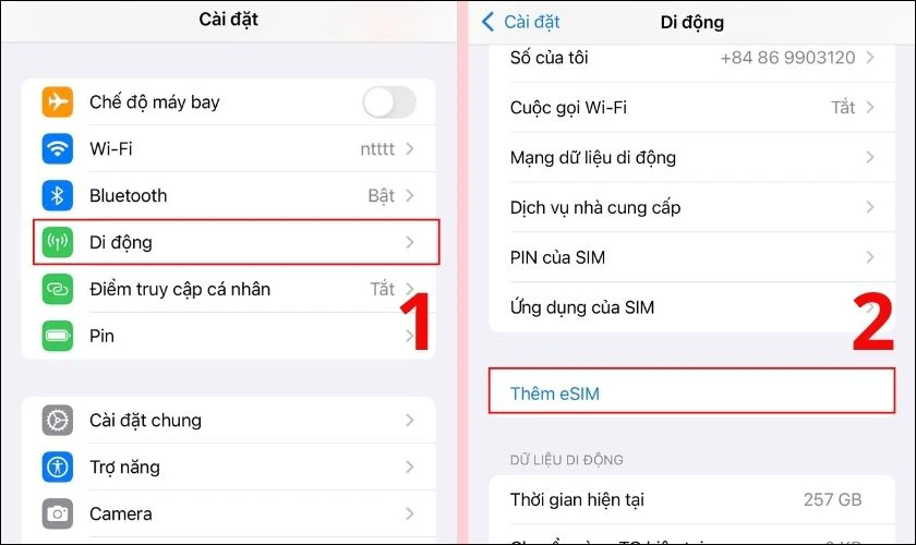 V&agrave;o C&agrave;i đặt, chọn mục Di động v&agrave; click chọn Th&ecirc;m eSIM