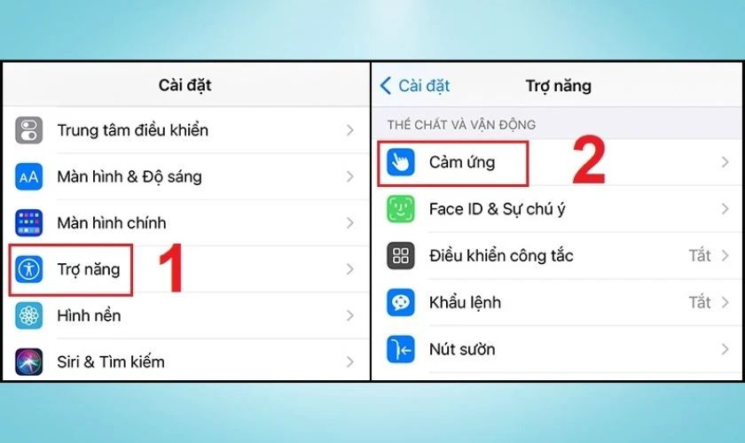 V&agrave;o Trợ năng trong C&agrave;i đặt, chọn Cảm ứng