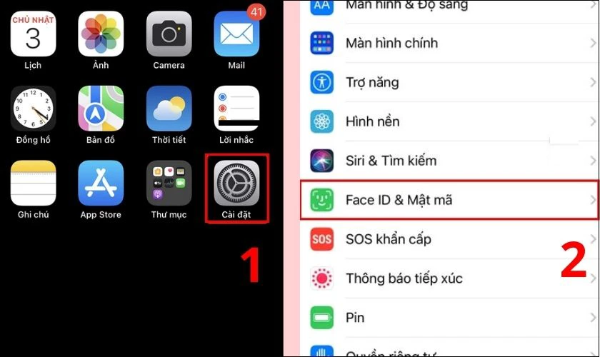 K&eacute;o xuống v&agrave; nhấn chọn mục Face ID & Mật m&atilde;