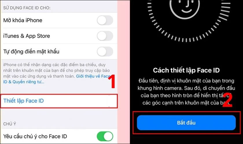 Nhấn v&agrave;o Thiết lập Face ID, nhấn Bắt đầu
