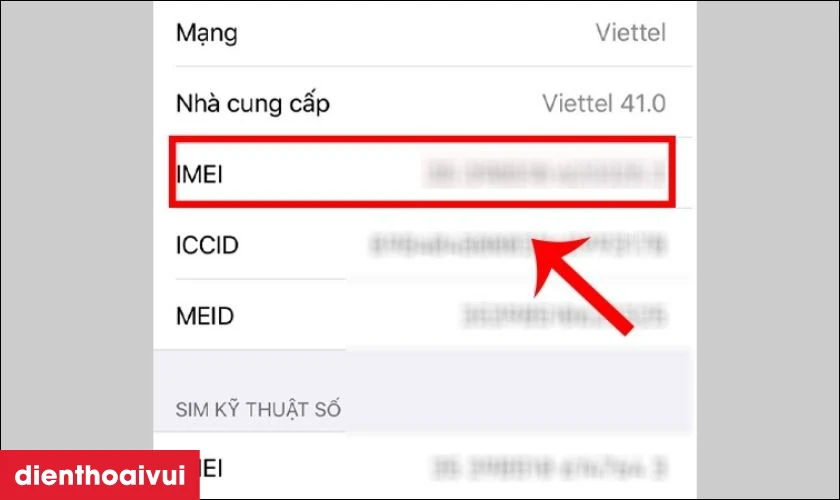 K&eacute;o xuống phần IMEI, bạn sẽ thấy số IMEI của thiết bị