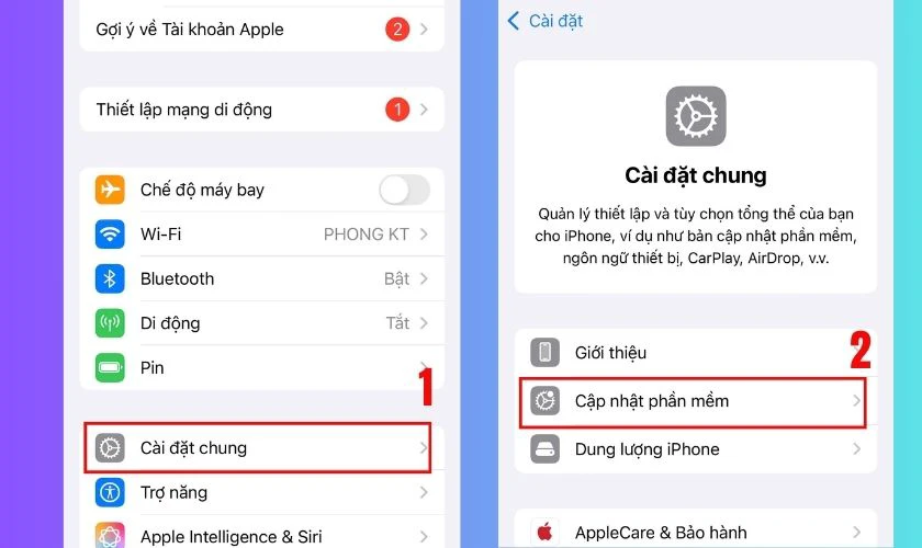Chọn mục Cài đặt chung, nhấn chọn Cập nhật phần mềm