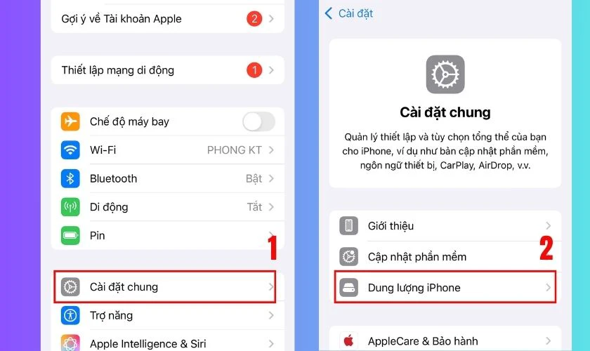 Chọn mục Cài đặt chung, nhấn chọn Dung lượng iPhone