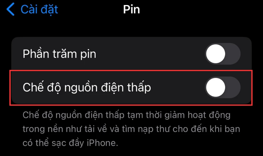  Chọn tắt n&uacute;t ở mục Chế độ nguồn điện thấp