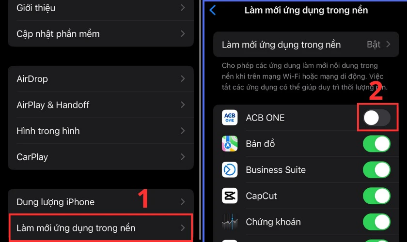 Cuộn xuống v&agrave; chọn L&agrave;m mới ứng dụng trong nền