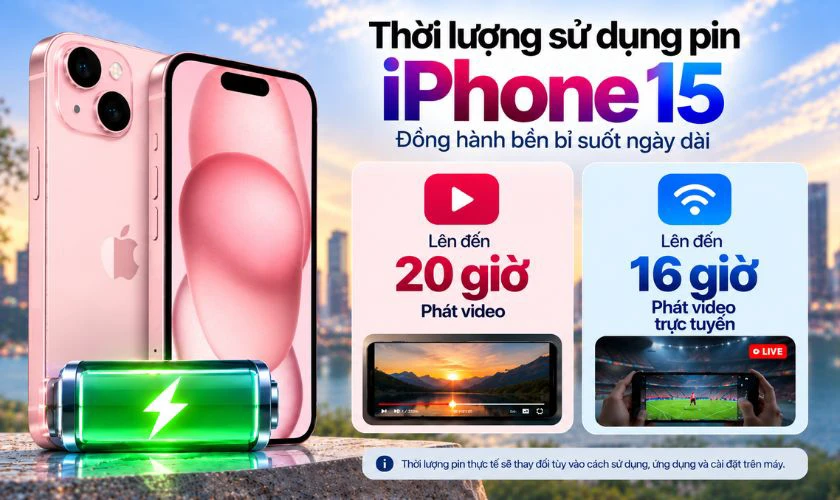 Dung lượng pin iPhone 15 cho thời gian xem video lên đến 16 giờ
