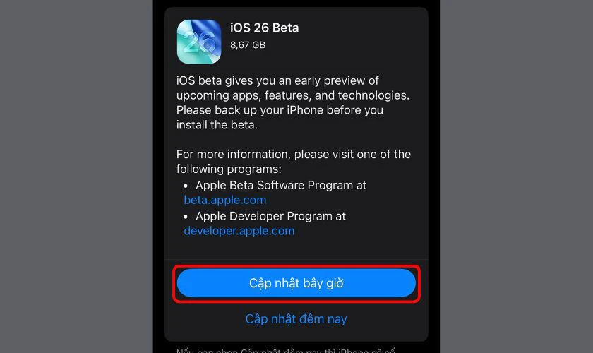 Nhấn Cập nhật b&acirc;y giờ để n&acirc;ng cấp phi&ecirc;n bản iOS mới nhất