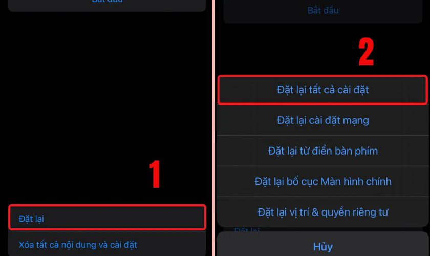 Chọn Đặt lại để tiến h&agrave;nh rồi chọn Đặt lại tất cả c&agrave;i đặt