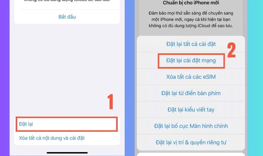 Nhấn chọn Đặt lại, nhấn chọn Đặt lại cài đặt mạng