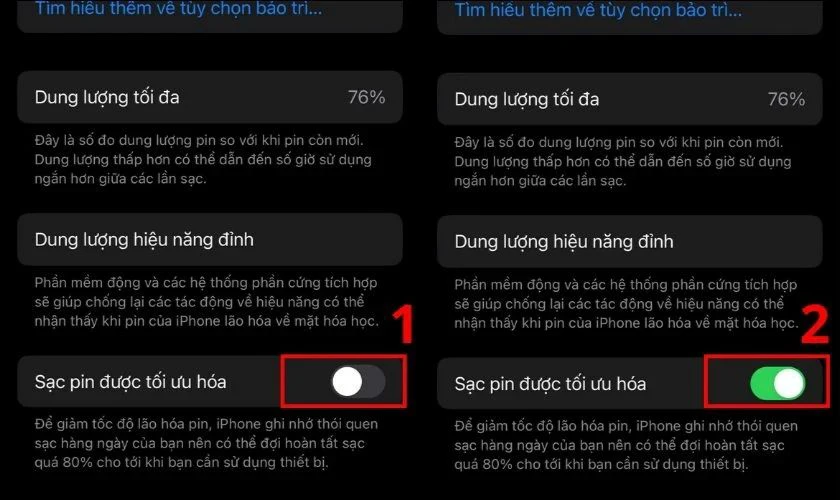 Gạt c&ocirc;ng tắc Sạc pin được tối ưu h&oacute;a (Optimized Battery Charging) sang Bật (On)