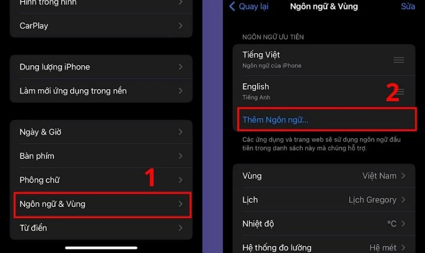 Chọn mục Ng&ocirc;n ngữ & V&ugrave;ng, sau đ&oacute; chọn Th&ecirc;m ng&ocirc;n ngữ