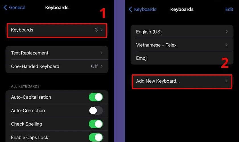 Nhấn v&agrave;o d&ograve;ng chữ Keyboards đầu ti&ecirc;n, chọn Add new keyboard...