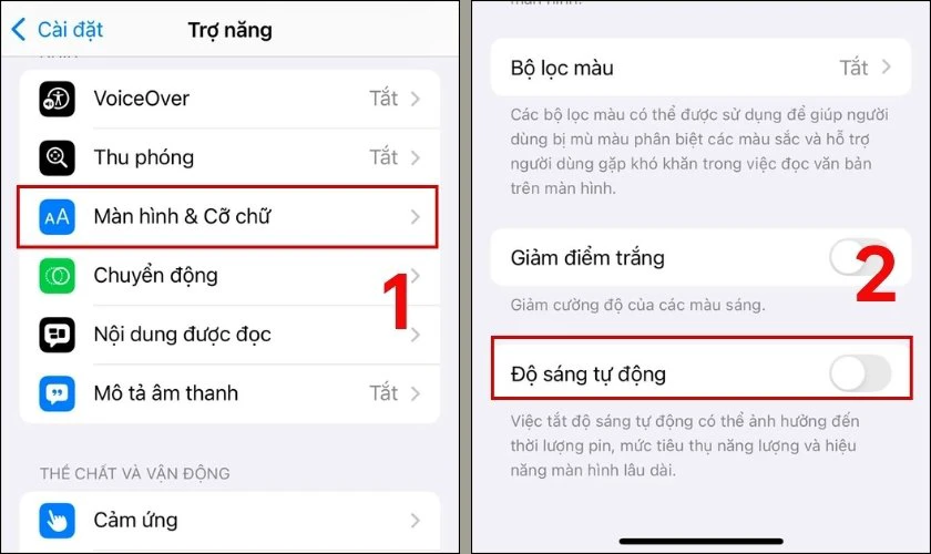 Chọn tắt Độ sáng tự động