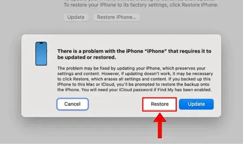 Tr&ecirc;n iTunes/Finder, chọn thiết bị của bạn, sau đ&oacute; nhấn Restore v&agrave; l&agrave;m theo hướng dẫn tr&ecirc;n m&agrave;n h&igrave;nh