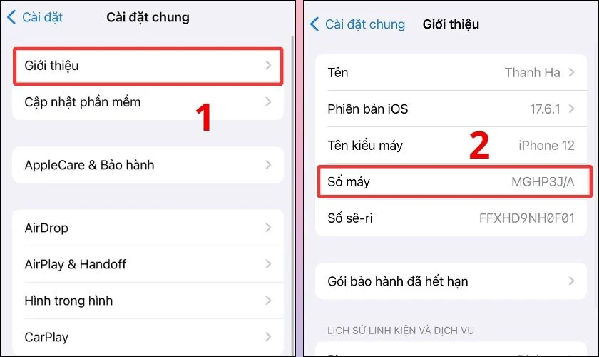 Chọn mục Giới thiệu để xem mã máy