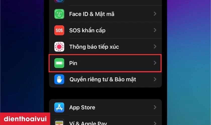 V&agrave;o phần C&agrave;i đặt v&agrave; lướt t&igrave;m mục Pin