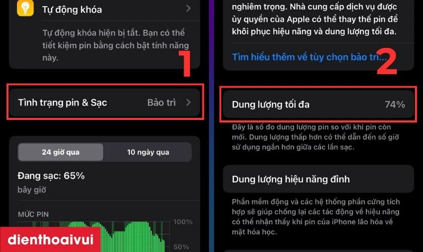 Nhấn v&agrave;o T&igrave;nh trạng pin v&agrave; xem được Dung lượng pin tối đa của m&aacute;y