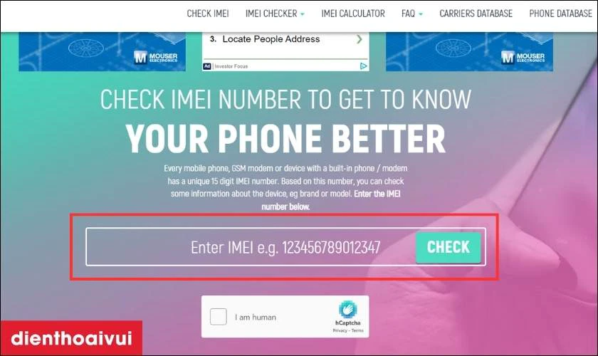 Bạn nhập số IMEI vừa nhận được ở bước 1 v&agrave;o trang web