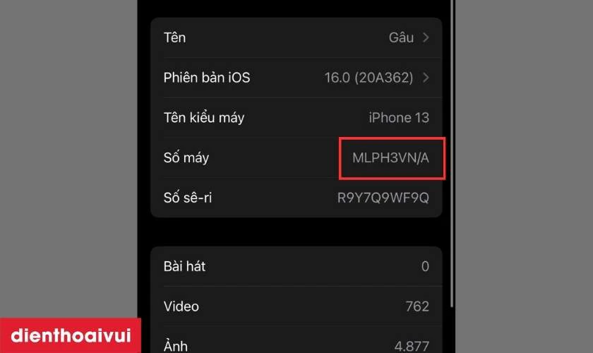 Lướt xuống v&agrave; kiểm tra d&ograve;ng Số m&aacute;y