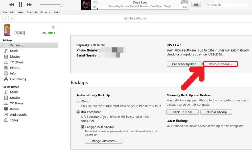 Restore iPhone 7 lại trạng th&aacute;i ban đầu