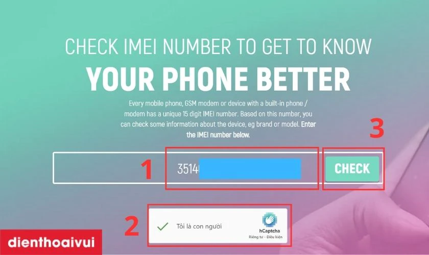 Truy cập web IMEI để v&agrave; d&aacute;n m&atilde; v&agrave;o &ocirc; v&agrave; iếp theo nhấn v&agrave;o Check