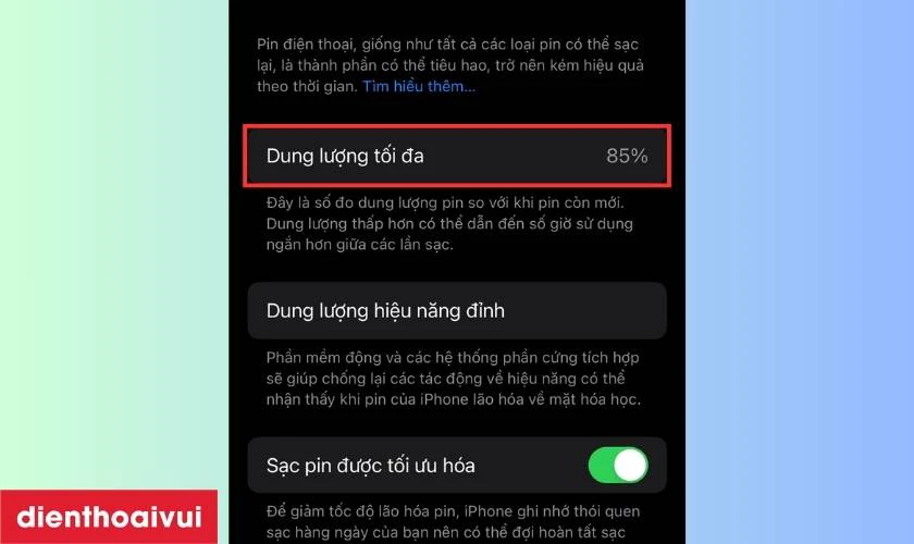  phần trăm pin c&ograve;n lại tại Dung lượng tối đa