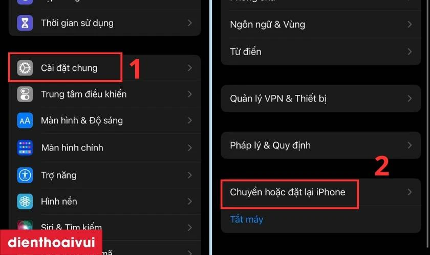 Chọn C&agrave;i đặt chung tại C&agrave;i đặt v&agrave; nhấn v&agrave;o Chuyển hoặc đặt lại iPhone