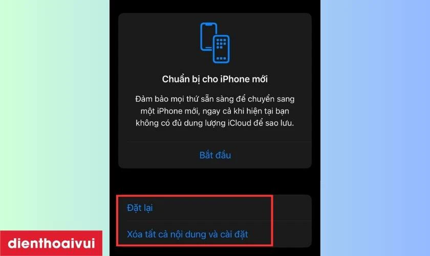 Chọn c&aacute;c t&ugrave;y chọn Đặt lại v&agrave; X&oacute;a tất cả nội dung v&agrave; c&agrave;i đặt
