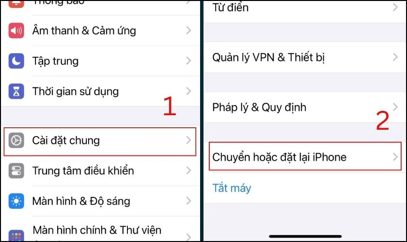 Chọn chuyển v&agrave; đặt lại iPhone trong C&agrave;i đặt chung