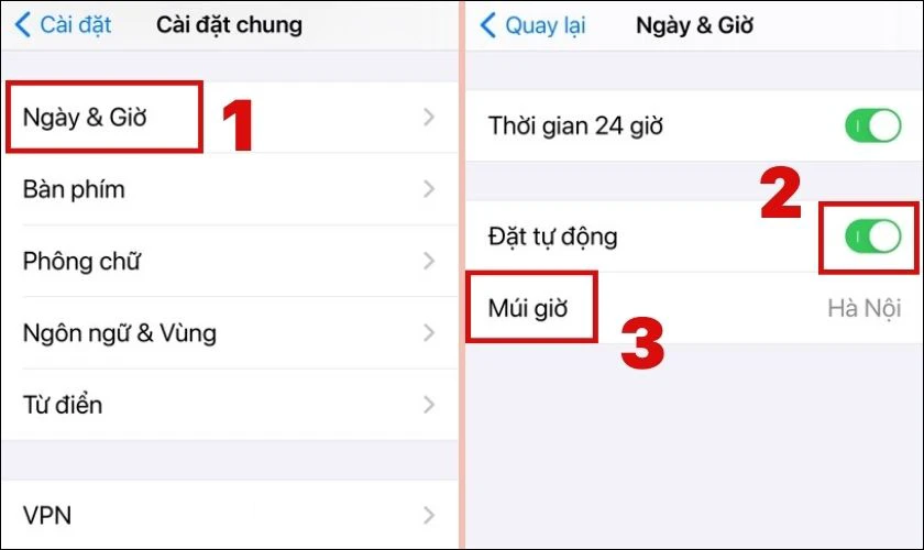 Kiểm tra lại c&agrave;i đặt ng&agrave;y, giờ để sửa lỗi iPhone bị mất s&oacute;ng
